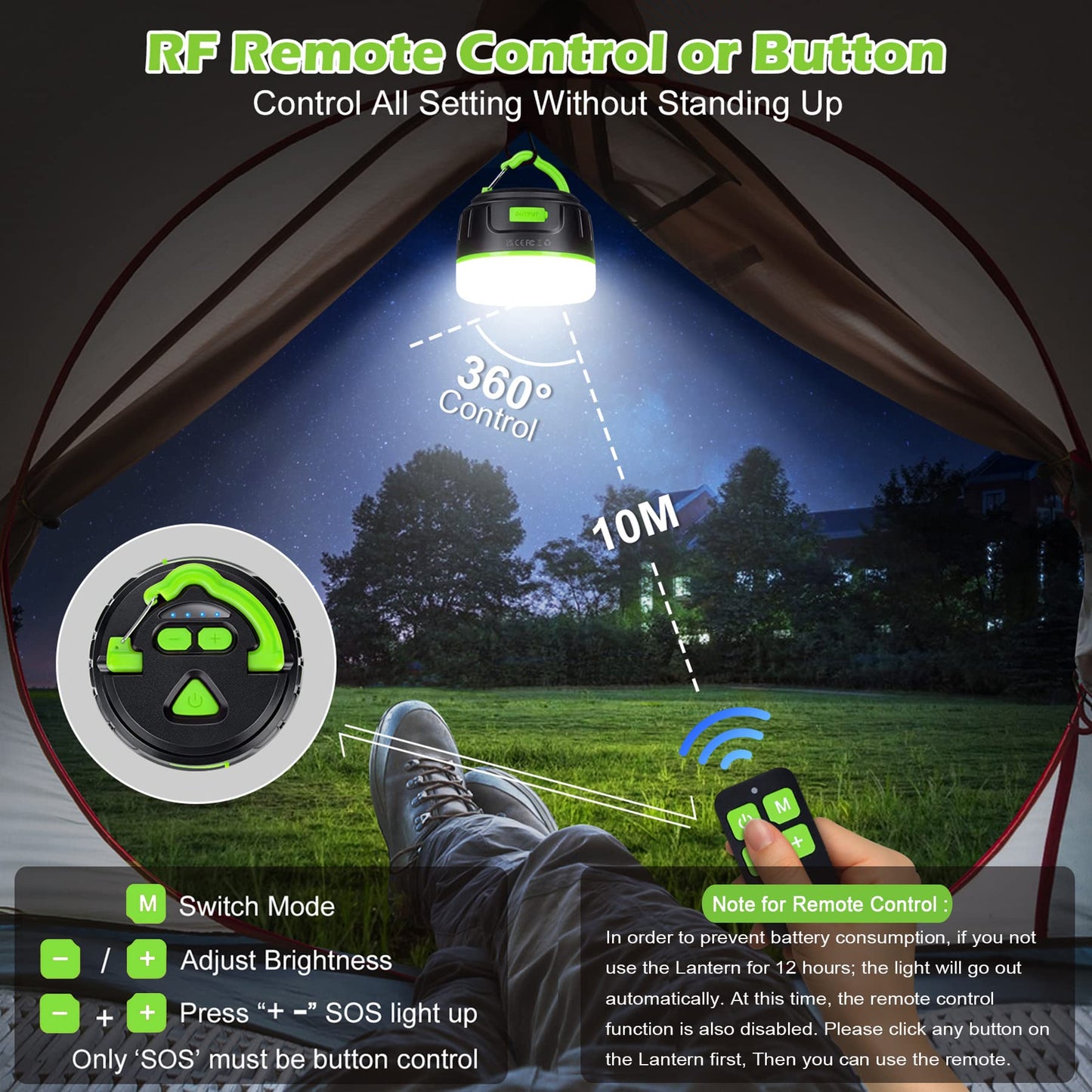 Sinvitron LED Camping Lantern - Rechargeable, 1000LM, 150H Run Time, 5200mAh Power Bank, 5 Light Modes, Black & Green, Model C5
