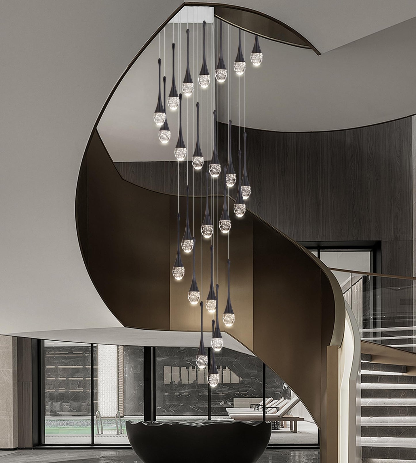 Upfelw Modern Crystal Staircase Chandelier Polished Black 24-Lights  H138 Large High Ceiling Spiral Dimmable Led Raindrop Foyer Entryway Light Fixture Remote Control