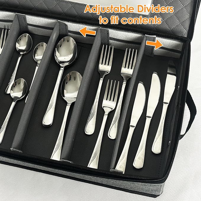 VERONLY 2 Pack Flatware Utensil Storage - Sturdy Silverware Storage Box with Dividers, 5 Compartment Flatware Storage Case with Handles and Removable Lid for Moving&Protected(Dark Gray)