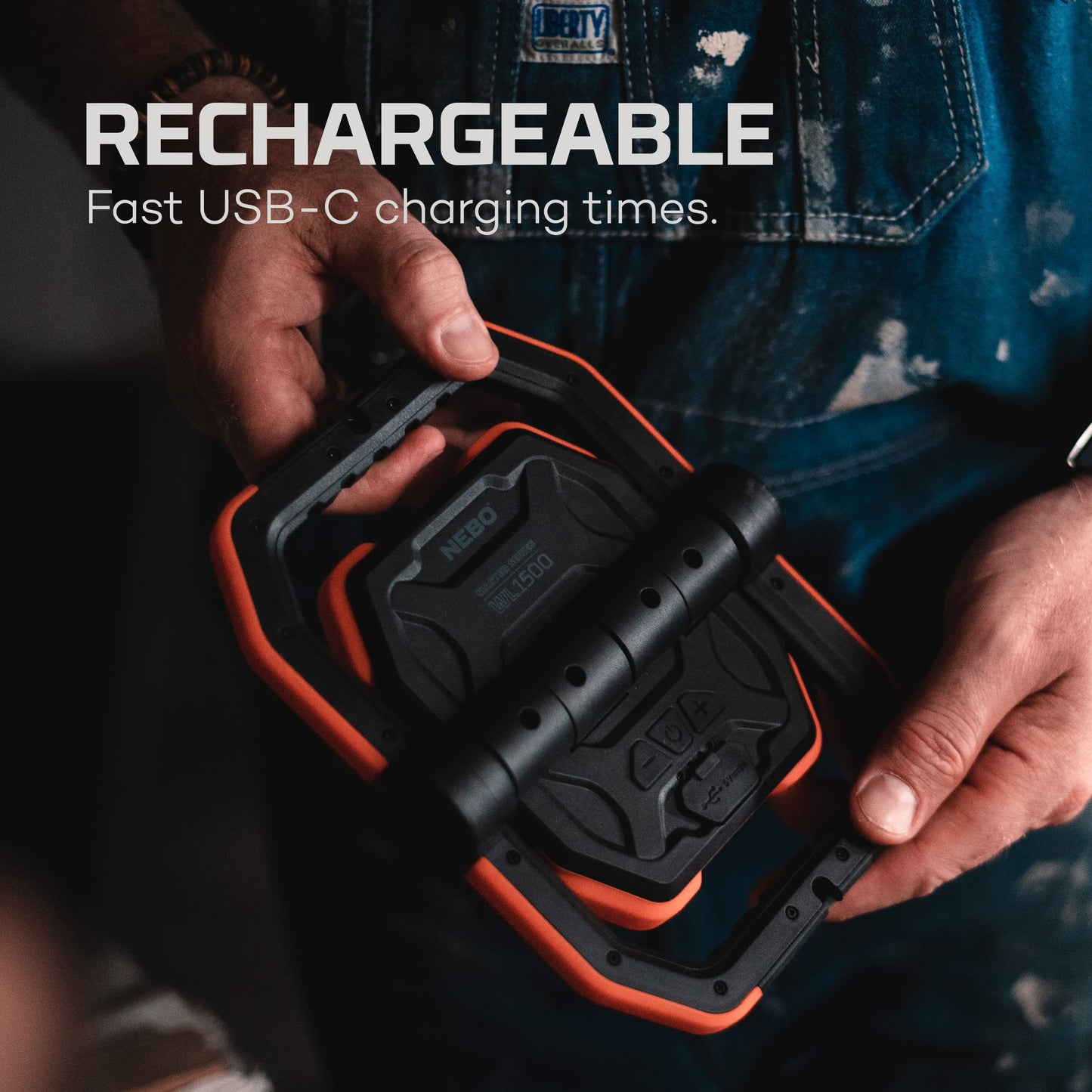 NEBO Master Series WL1500 COB Work Light | 1500 Lumens, 8 Light Modes, Rechargeable LED Light with 4000mAh Power Bank, Waterproof & Durable for Outdoor Use, Includes USB-C Charging Cable