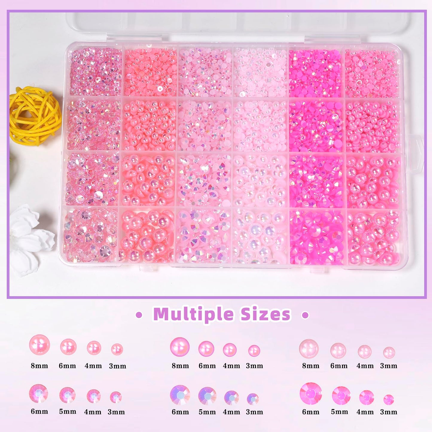 9000 Pcs Pink Colors Flatback Pearls and Rhinestones for Crafts, 3/4/5/6mm Jelly Resin Rhinestones, Mixed Size 3/4/6/8mm Half Pe