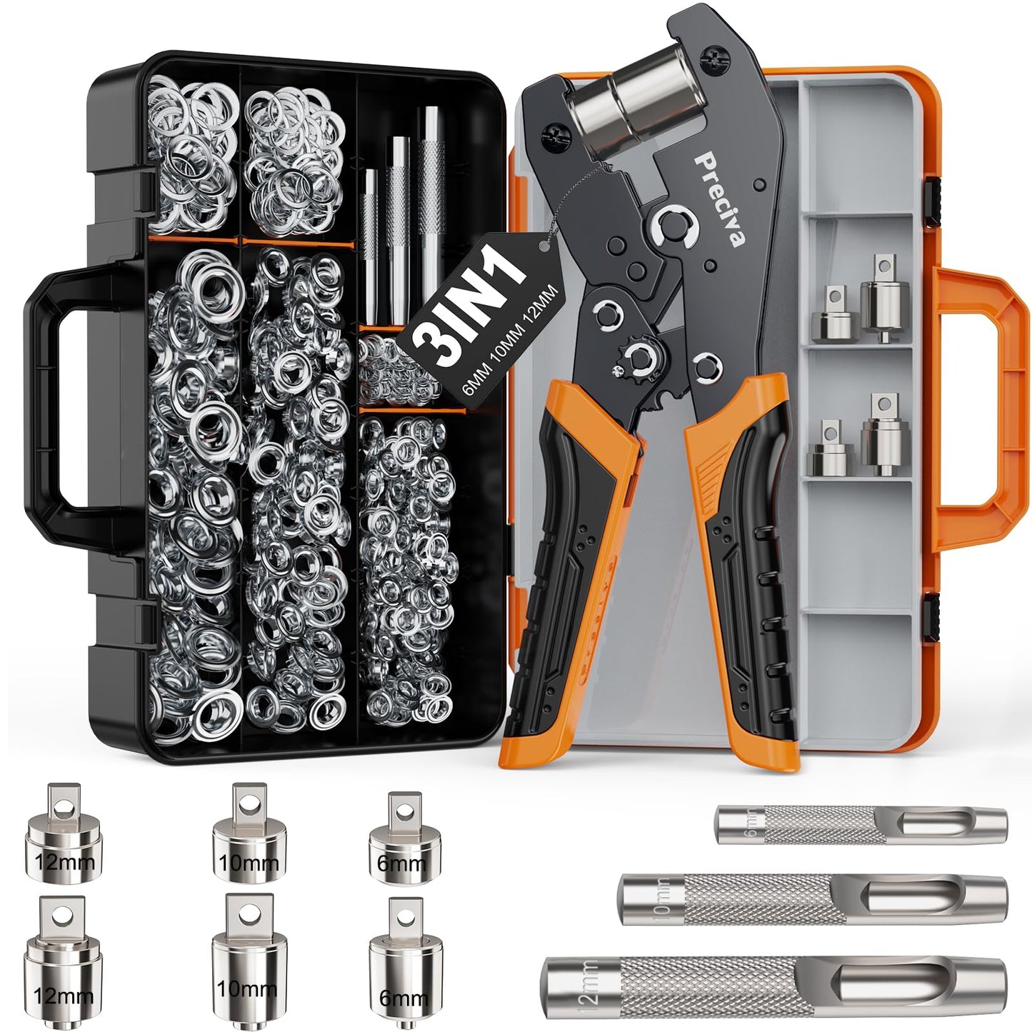 Preciva 3-Size Grommet Tool Kit - 1/2" 1/4" 3/8" Hole Punch & Eyelet Setting Tool with 300Pcs Grommets | Handheld Eyelet Plier for Tarps, Tents, Canvas, Vinyl & Leather Crafting