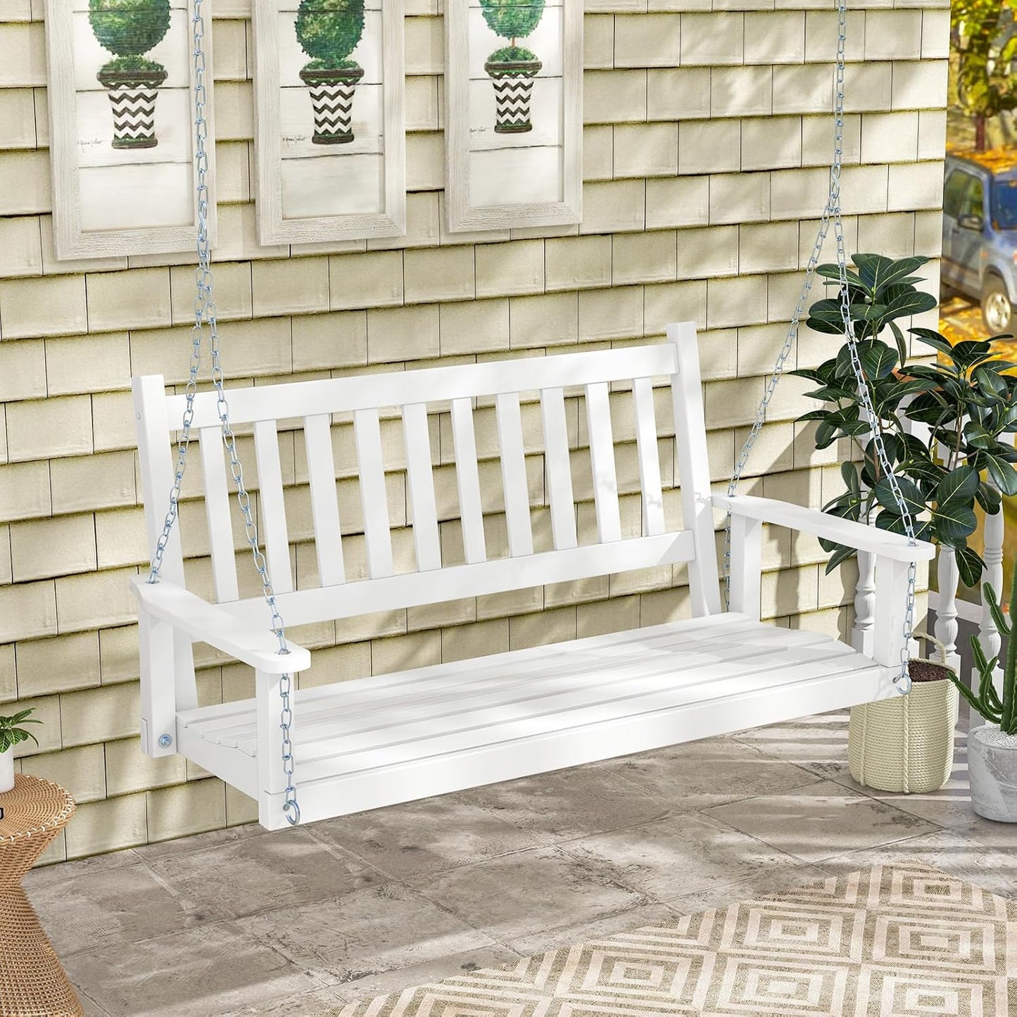 HAPPYGRILL Wooden Outdoor Porch Swing for 2, Patio Hanging Bench Chair with 500 LBS Weight Capacity, 5.6 FT Adjustable Upper Chains, Slatted Back, Swing Bench for Garden, Backyard