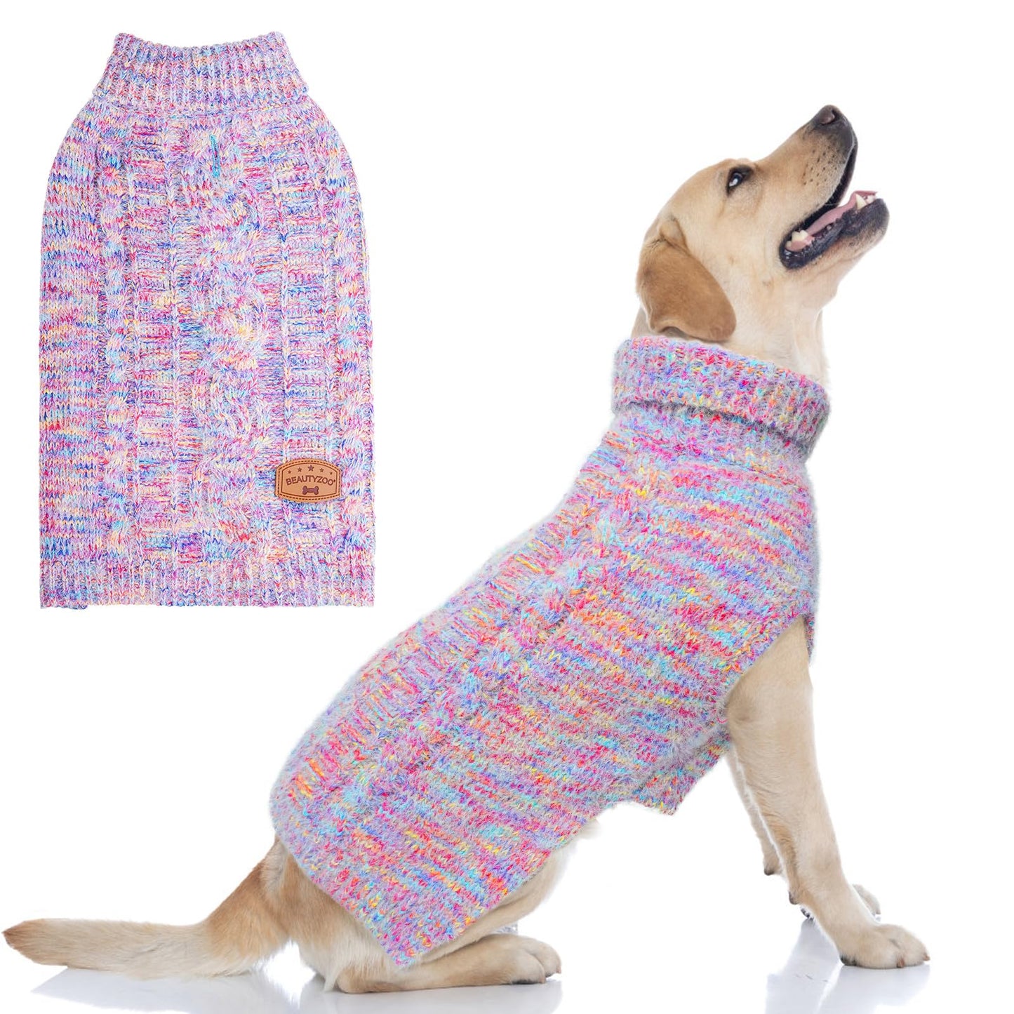 BEAUTYZOO Small Dog Sweater -Turtleneck Pullover Classic Cable Knit Fuzzy Winter Coat Dog Cold Weather Clothes for Small Medium Dogs Puppy Girl Boys(Rainbow Pink, L)