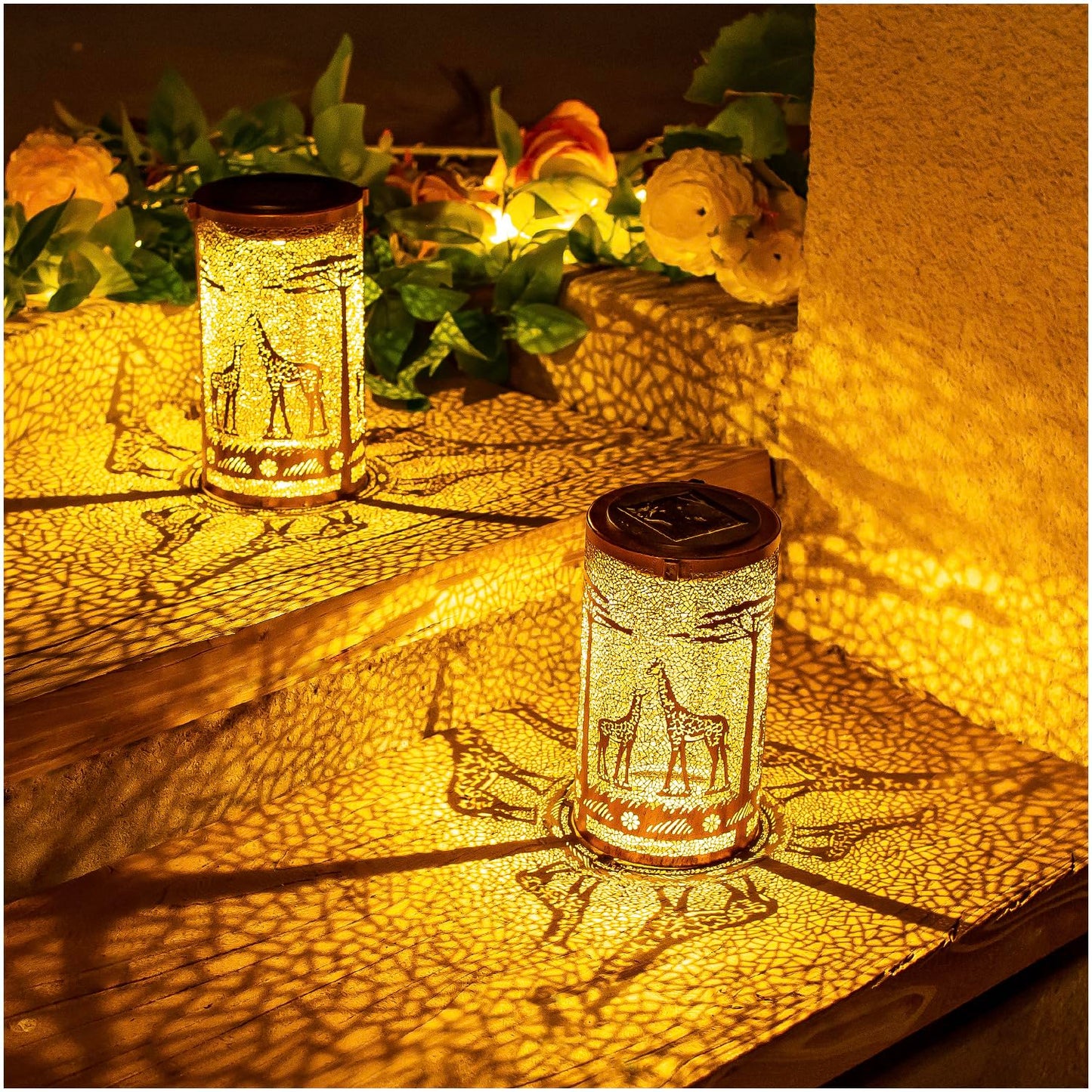 EZTZEN Giraffe Solar Lanterns - 2 Pack, Waterproof Metal Decorative Lights for Outdoor Garden, Brown, Model HW-DL-044-2pack