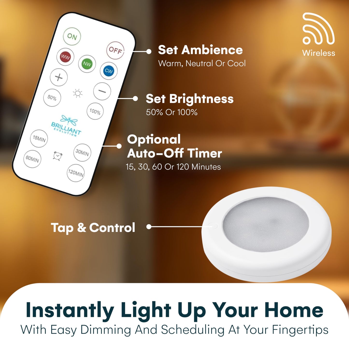 Brilliant Evolution Rechargeable Puck Lights - Dimmable LED with Remote - 3000K Warm White/6000K Cool White - 2 Pack - White