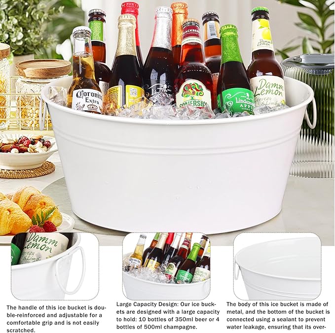 Ice Bucket, Oval Beverage Tub, Galvanized Bucket and drink Cooler for Parties, Ice Tub with Handles for Beer Sparkling Whisky Wine Cocktails (3.5gal) (White)
