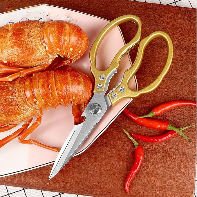 AWinjoy Kitchen Scissors, Heavy Duty Sharp Shears Dishwasher Safe, Kitchen Accessories Cooking Shears for Meat Chicken Fish Poultry Herb Bread (gold)