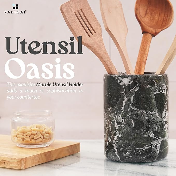 Radicaln Marble Utensil Holder 6.5" Inches Black Handmade Spatula Set for Kitchen Counter, Cooking Utensils Jar & Kitchen Essentials Organizer, Ideal Utensil Caddy & Spoons Holder for Christmas Decor