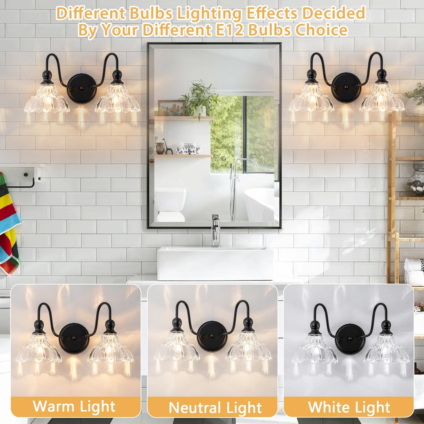 Brknit Vintage Bathroom Light Fixtures Over Mirror  2-Light Black Wall Sconce Lighting With Flower Glass Shade  Farmhouse Vanity Lights For Bedroom Kitchen Living Room Hallway Light