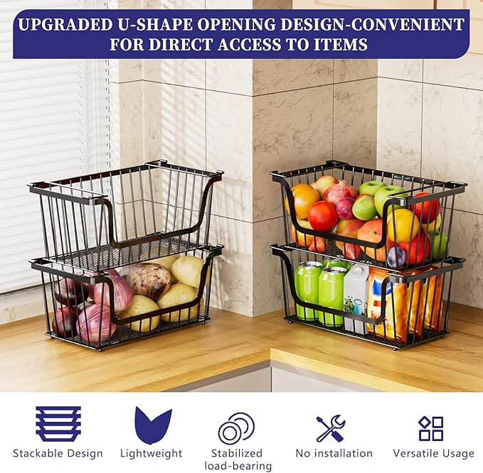 6 Pack Enhanced Leak-Proof Bottom Stackable Wire Baskets, Pantry Organizers and Storage, pantry storage，Shelf Baskets, Fruit Basket, Potato and Onion Storage Bins，(Black)