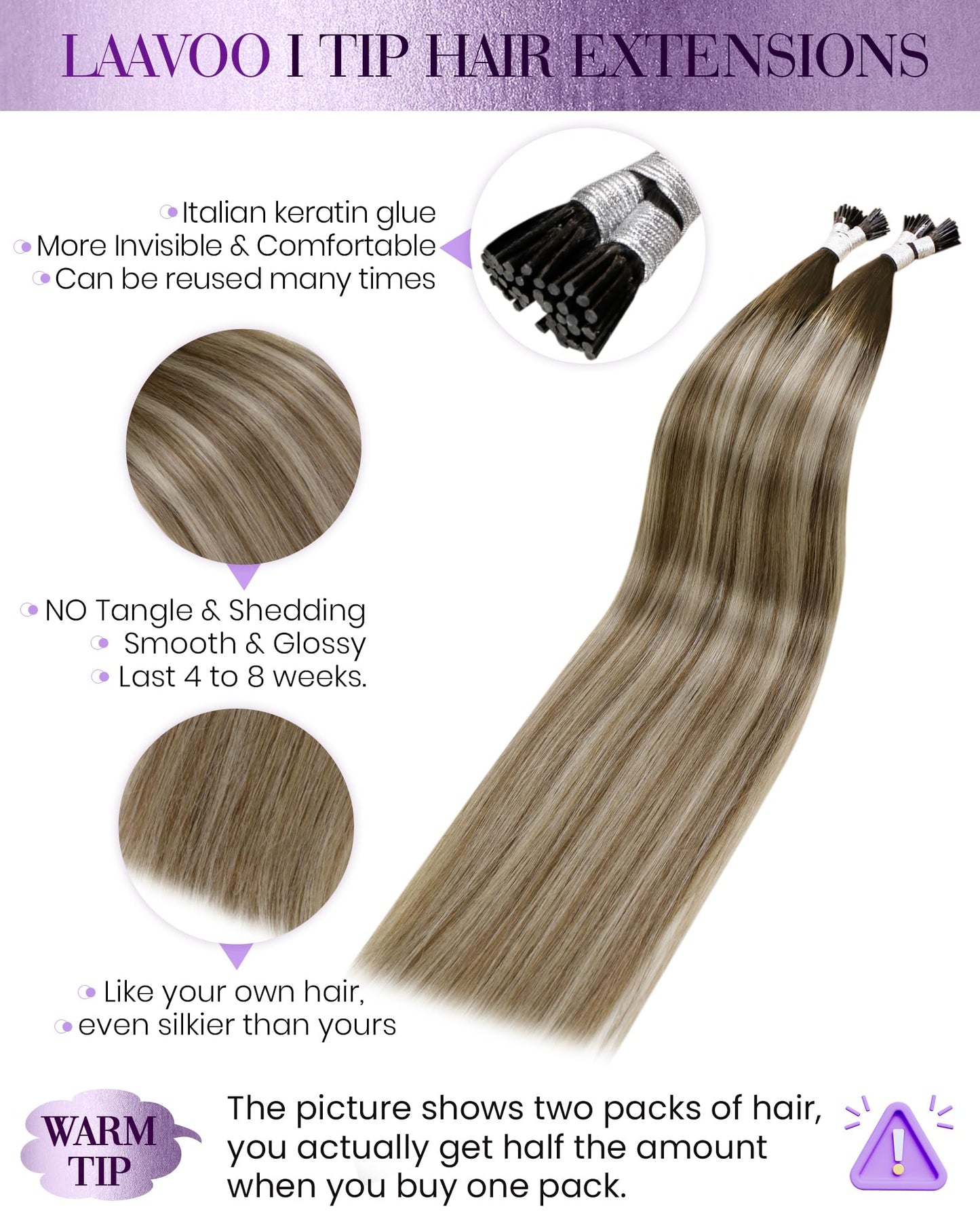 LaaVoo I Tip Hair Extensions Human Hair Balayage Brown to Medium Brown with Blonde Itip Human Hair Extensions 80s Ombre Human Ha