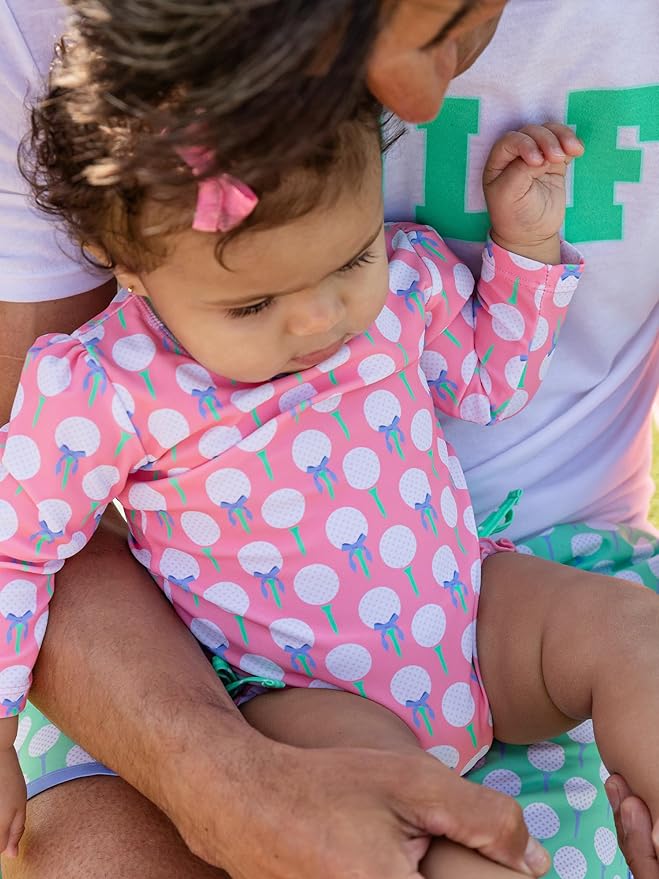 RuffleButts Baby Girls UPF 50+ Sun Protection Novelty Print Long Sleeve One Piece Rash Guard Swimsuit with Zipper