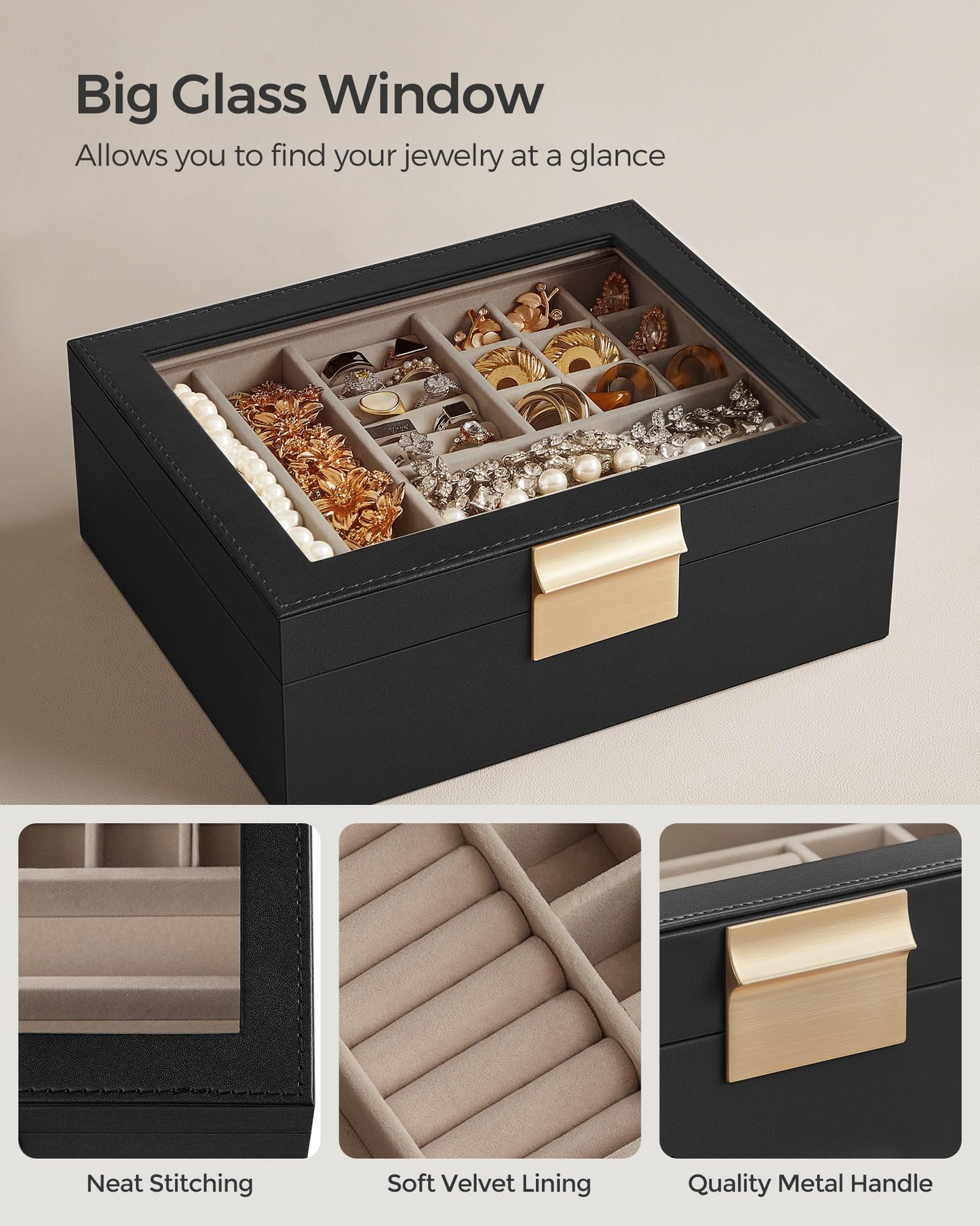 SONGMICS Jewelry Box with Glass Lid, 2-Layer Jewelry Organizer with Removable Tray, Jewelry Storage, Modern Style, Gift for Love