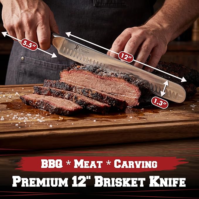 KITCHEN PERFECTION 3-Piece BBQ Slicing & Carving Meat Knife Set -12” Brisket Knife, 10” Butcher Knife, 6” Boning Knife with Sheaths -Razor Sharp German Steel,Full Tang Ergonomic Handles- Gifts for Men