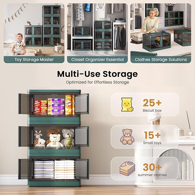 8.4Gal Collapsible Storage Bins with Lids & Wheels - 4 Pack Stackable with Doors, Heavy-Duty Plastic Containers for Home/Office, Green
