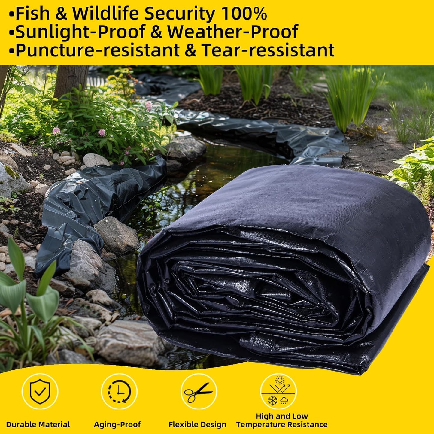 TEZONG Pond Liner,20x25Ft Pond Liners for Outdoor,28Mil PE Black Koi Fish Pond Liner,Reinforced Pond Underlayment for Water Garden,Waterfall,Fountain