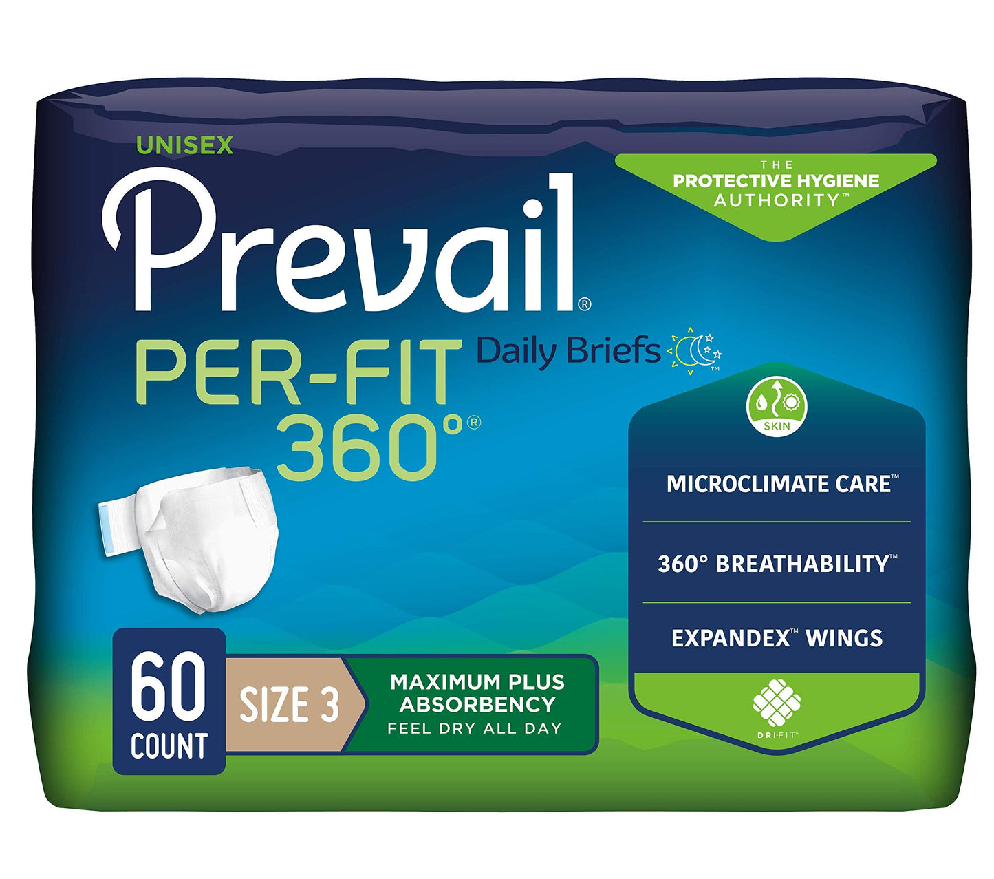 Prevail Per-Fit 360 Incontinence Briefs, Maximum Plus Absorbency, Size Three, 60 Count