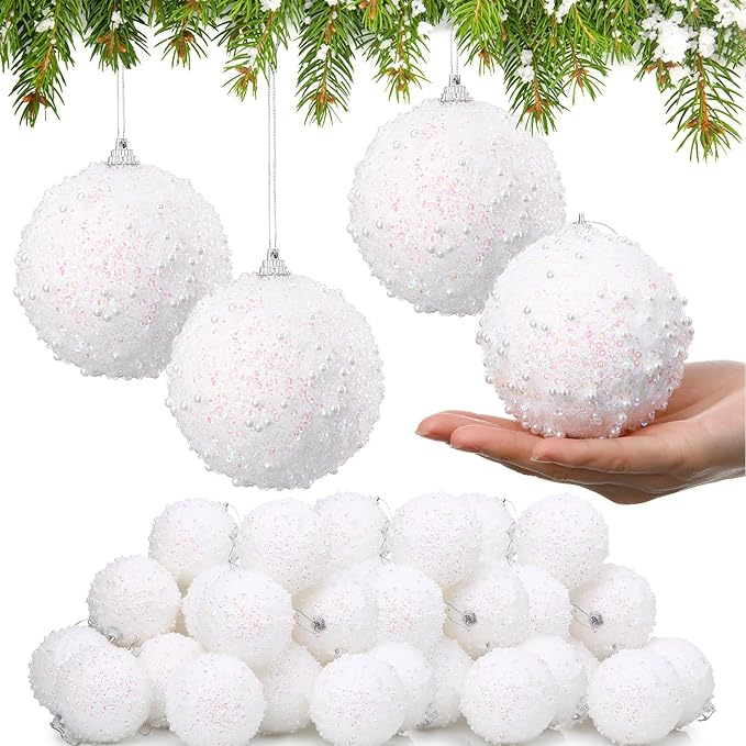Lyrow 24 Pcs 3.15" Glitter Christmas Ball Ornament Set Christmas Ball Bulk Xmas Sequin Foam Hanging Ornament Decorative Ha...