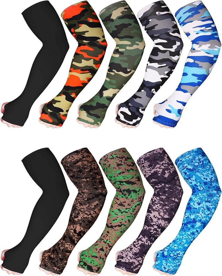 Bememo 10 Pairs Unisex Arm Sleeves for Men Women Elastic UV Protection Arm Cover Ice Silk Cooling Sleeves for Outdoor Driving
