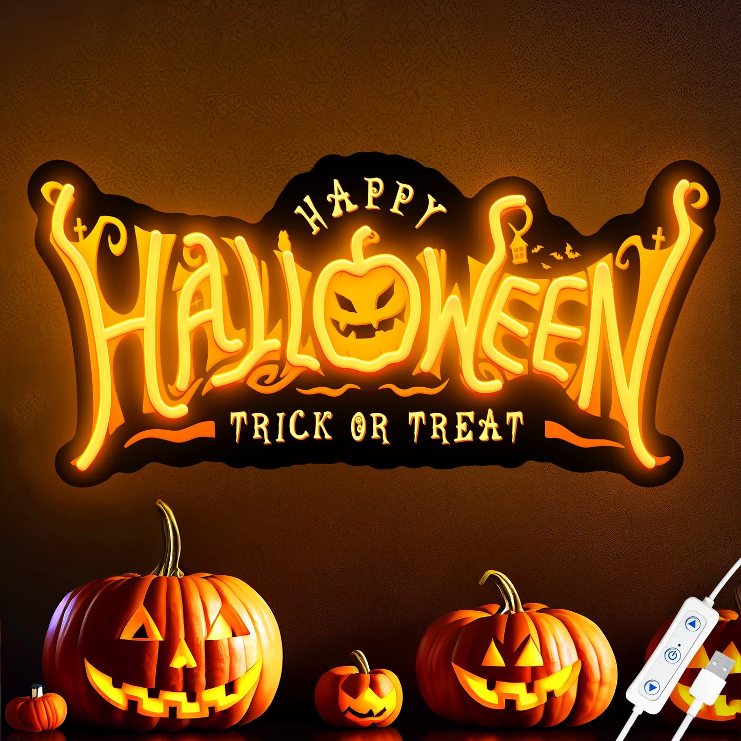 SELICOR Halloween Pumpkin Neon Sign, USB Powered Acrylic Light, 16.5inx8in, Orange