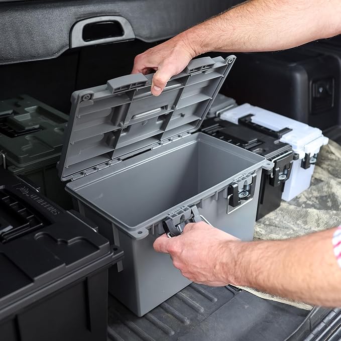 Sheffield 12766 4-Pack XL Ammo Storage Box, Stackable .50 Cal Field Boxes, Water and Dust Resistant, Lockable Storage Box with Handle, Heavy Duty Protection for Hunting Gear, Made in the USA, Gray