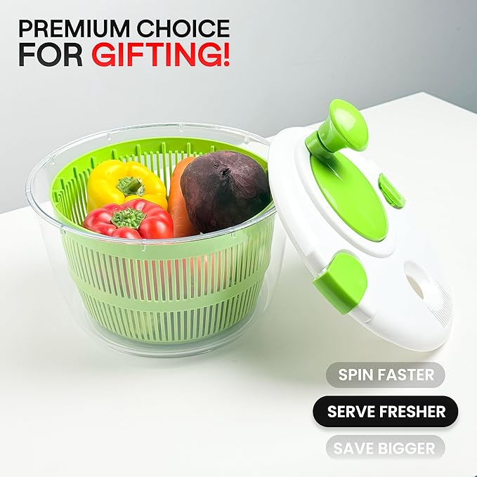 DoubleWave Salad Spinner | Spin & Dry Fruits, Vegetables & Greens Fast | Lettuce Washer with Dual Drain Holes | BPA-Free, Easy to Clean | 5.3 Quart Large Capacity