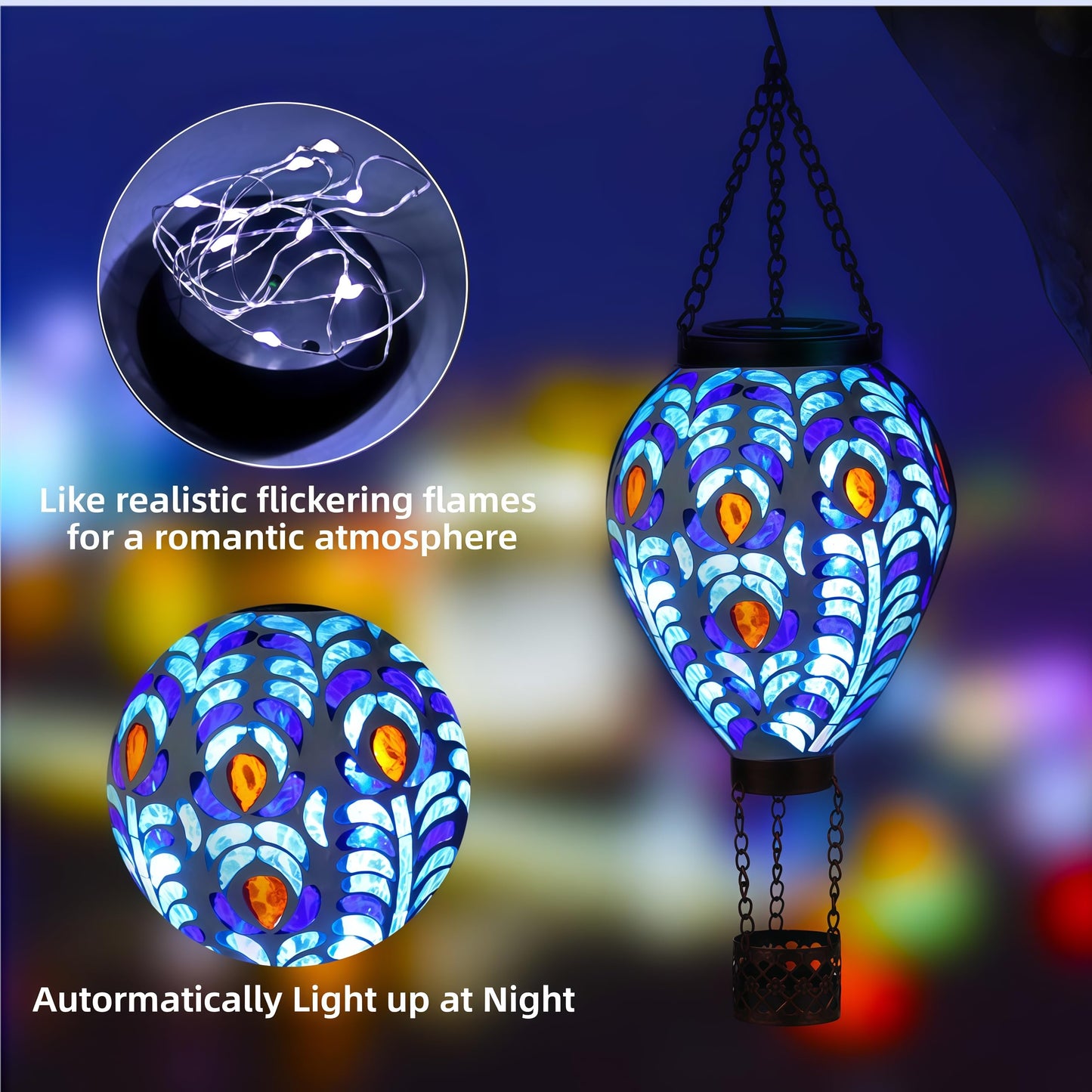 Voreen Hot Air Balloon Solar Lantern  Handmade Mosaic Solar Outdoor Hanging Wind Light  Waterproof  Patio Festive Decor  Gift For Mom Wife Friend  Peacock Feather Design