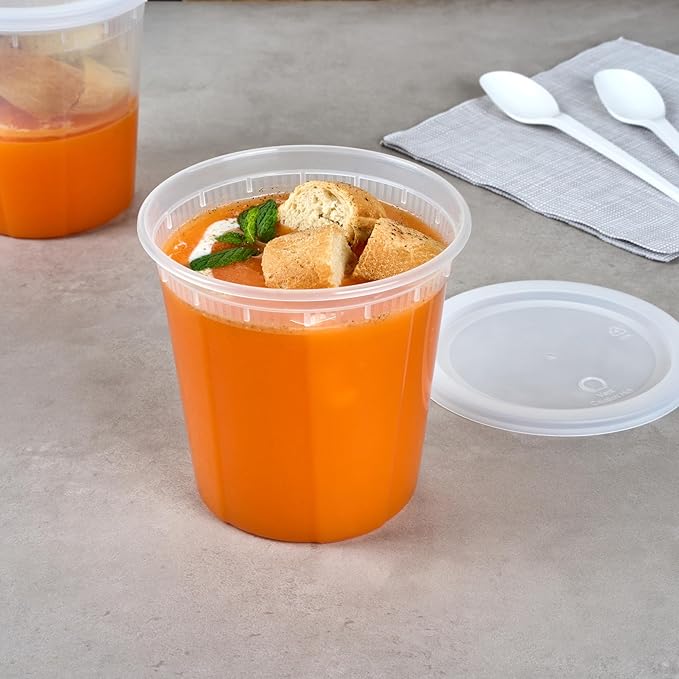 Restaurantware Plastic Food Container 100 Pack of 32 oz Clear Microwave-Safe Storage Container With Lid Leakproof Round Shape Disposable Freezer-Safe