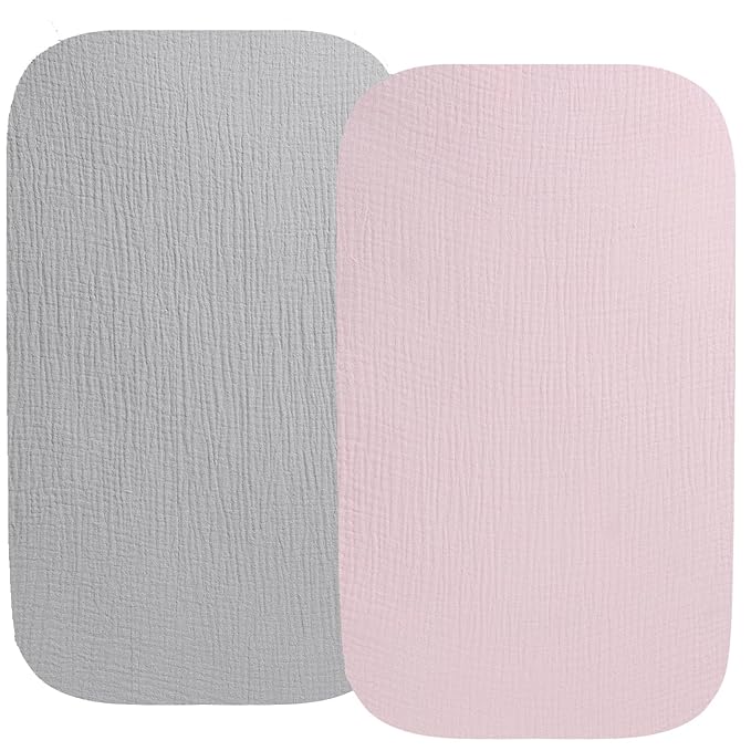 Fadacudan Muslin Bassinet Sheet Compatible with ANGELBLISS Baby Bassinet, Koolerthings (3 in 1) Baby Bassinet, Pamo Babe 2in1 and Ihoming Bedside Bassinet, 2 Pack Cotton Fitted Grey & Pink