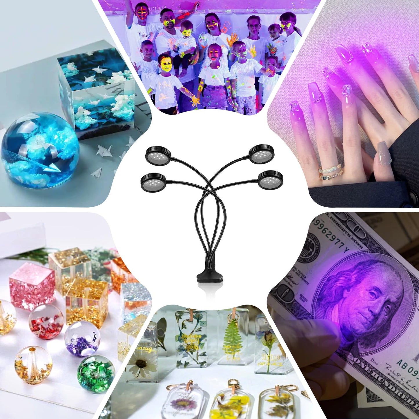 YGS-Tech LED Black Light Dual Head UV Lamp, 15W, USB Powered, 395-405nm, for Blacklight Parties, Stage Lighting, Glow in the Dark