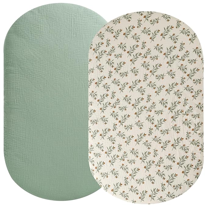 Muslin Bassinet Sheet Compatible with Baby Delight Go with Me Slumber Bassinet, 2 Pack Cotton Stylish Boho Fitted Bassinet Sheets Super Soft for Baby Roman Green & Botanical Leaf
