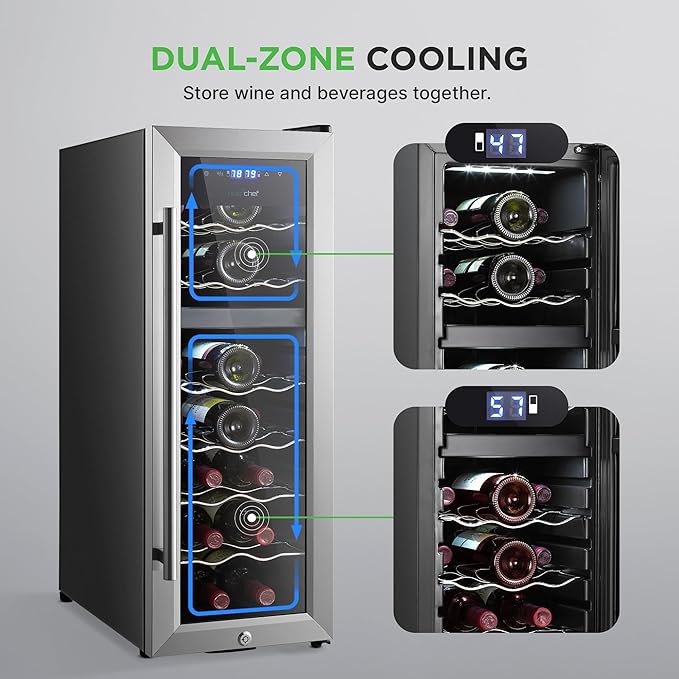 Nutrichef 18 Bottle Wine Fridge | Dual Zone Wine Chiller | Adjustable Temperature 41°F to 64°F | Ultra Quiet Operation | Wine Cooler For Home & Office | Free Standing 32x11x23 IN | Black