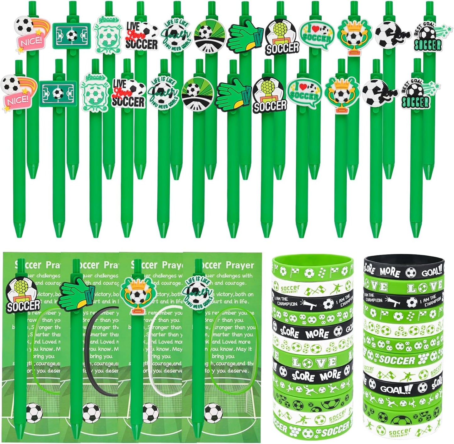 LiYiQ 72 Pcs Soccer Party Favors Soccer Team Gifts Soccer Goodie Bags Stuffers Soccer Ballpoint Pens Bookmark Card and Silicone Bracelet