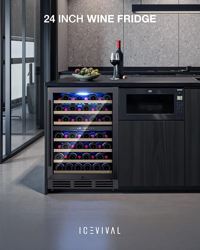24 Inch Dual Zone Wine Refrigerator, 54 Bottle Under Counter Wine Fridge for Built-in or Freestanding, Wine Cooler with Glass Door, Removable Shelves for Home, Office (Blcak)
