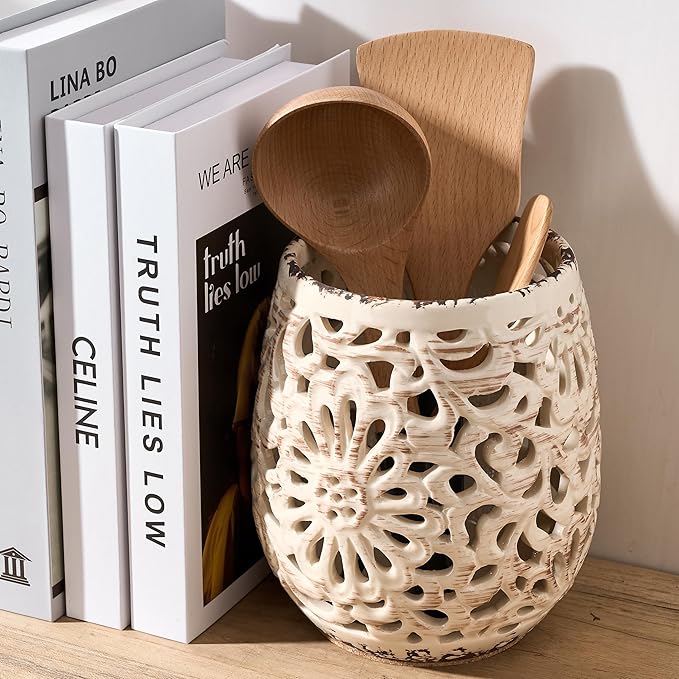 Farmhouse Kitchen Utensil Holder for Kitchen Counter, Ceramic Large Cooking Utensil Crock with Cork Mat, Countertop Cooking Tool Spatula Organizer, Beige Antique Design