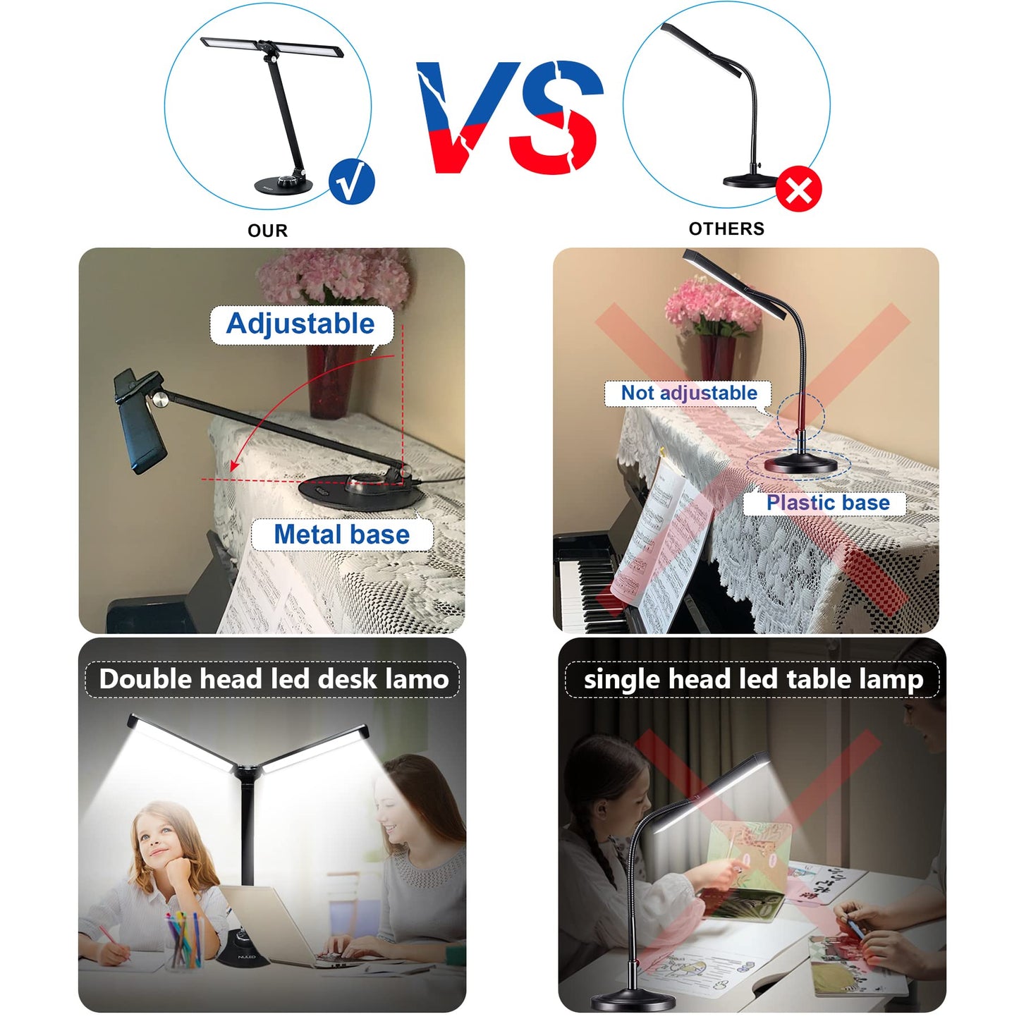 NUNET LED Desk Lamp, Rotatable Piano Lamp, 3 Lighting Modes, Brightness Adjustable, USB Charging, Black, Model NULED-MSL2black