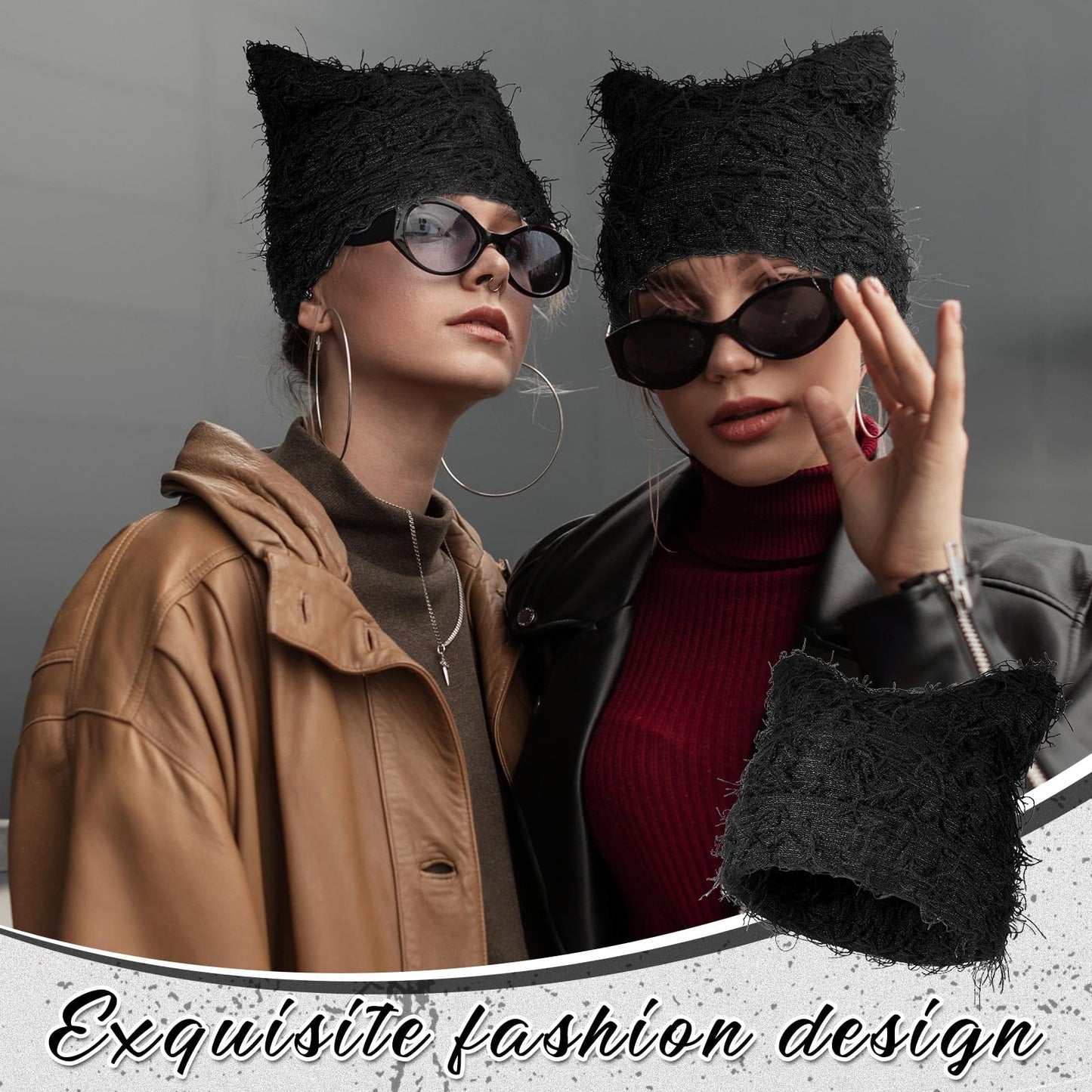 Chuarry Distressed Knitted Cat Beanie Y2k for Women Men Vintage Crochet Hat Thick Slouchy Warm Cat Ears Hat Winter Outdoor (Black,Cat Ears)