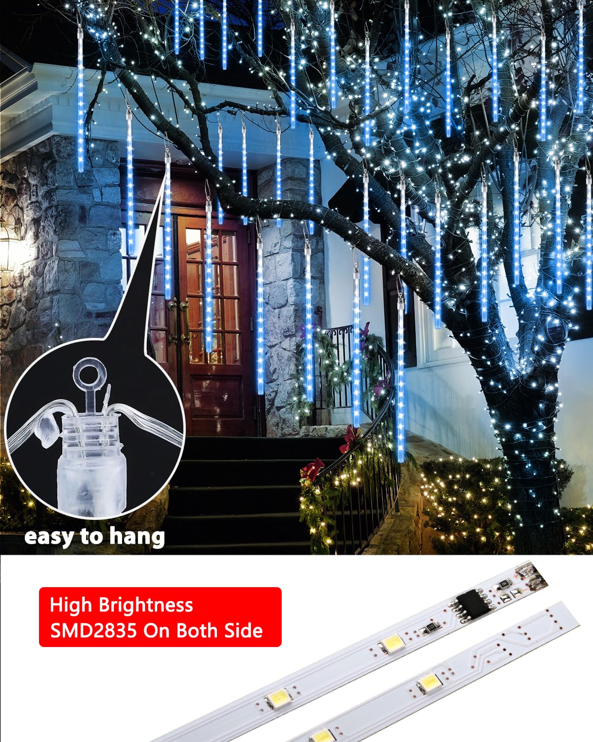 Flacchi Solar Icicle Lights - 20 Tubes 480 LED Cascading Raindrop, Waterproof Christmas Decorations, Blue, Model YZ69SS002