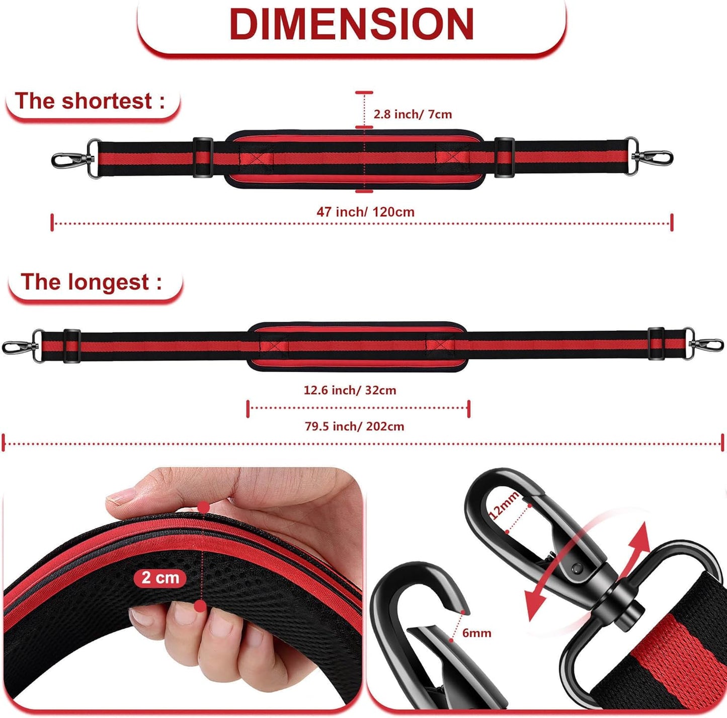 ZINZ 79.5" Universal Strap with Ultra-Thick Fixed Breathable Pad - Adjustable Heavy-Duty Shoulder Strap for Laptop, Crossbody, Luggage, Gym, Camera Bag and More - TW01B02
