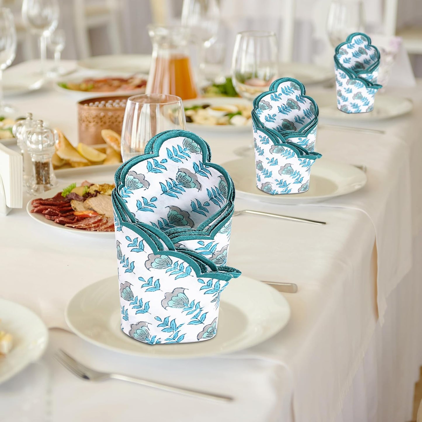 Ridhi Aquamarine Blue Hand Block Print Napkins 18" x 18" Set of 4 Reusable Cotton Dinner Napkins for Weddings, Parties & Everyday Dining, Thanksgiving, Christmas, Fall