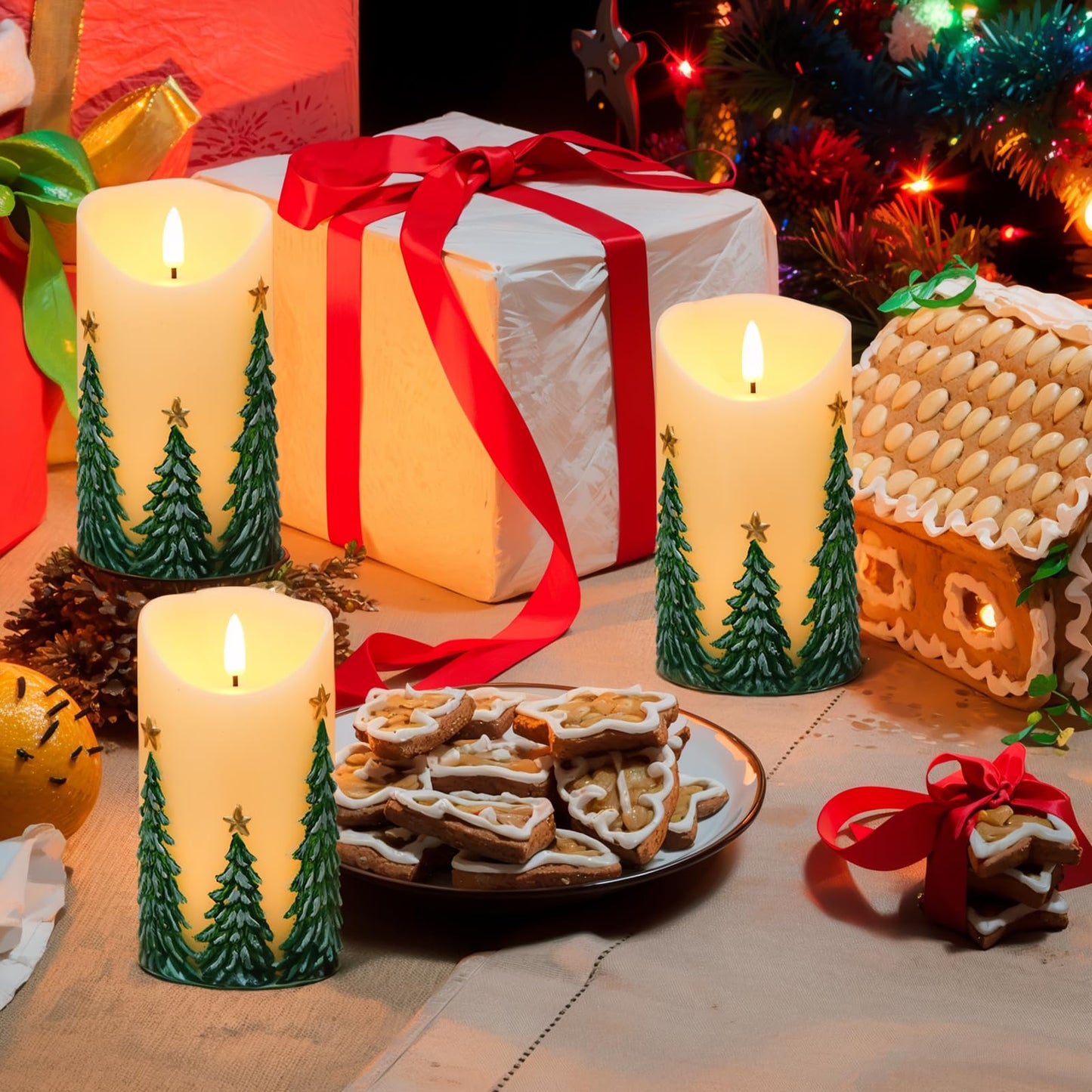 Wondise Christmas Flameless Candles with Timer, Battery Operated Flickering 3D Wick Real Wax Christmas Tree Candles for Christmas Holiday Indoor Decoration, Set of 2, Ivory(D3 x H5.7 Inch)