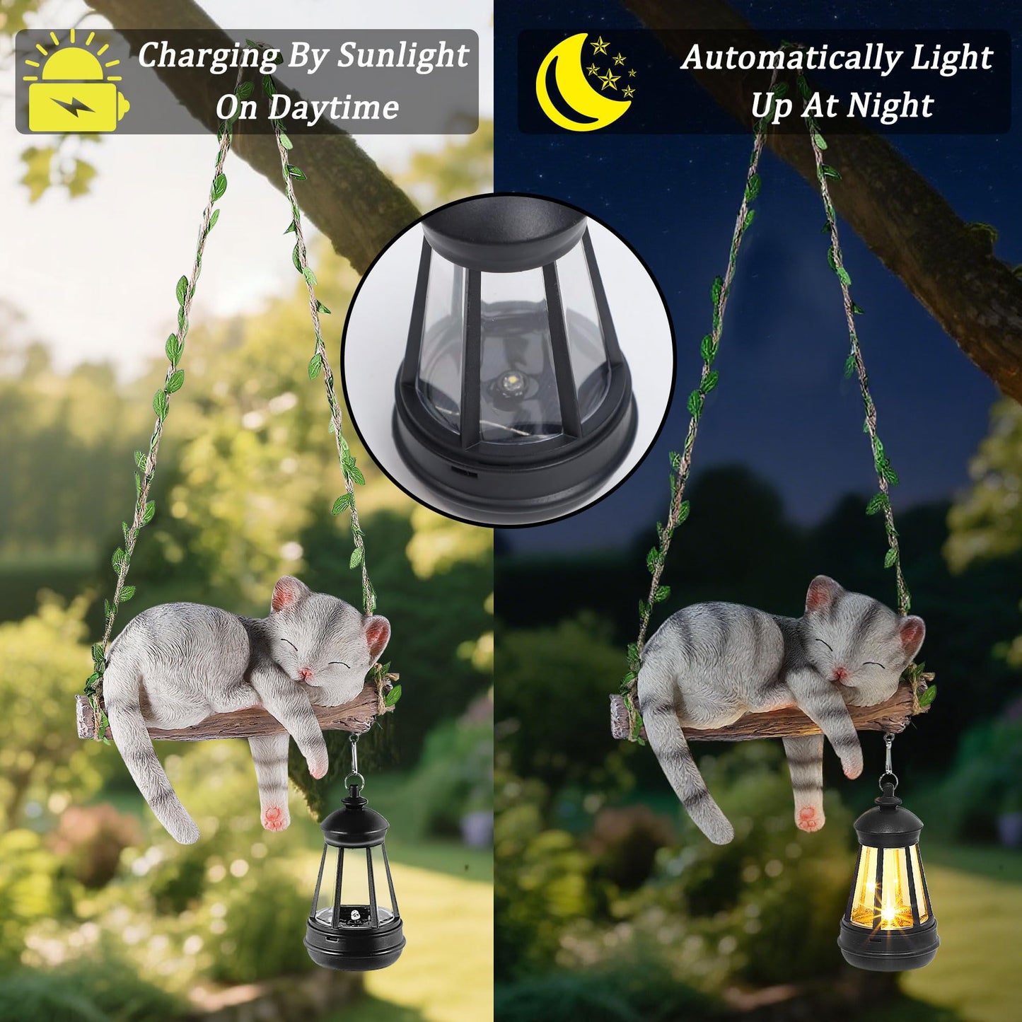 Zaayee Solar Lighted Garden Outdoor Statue  22.6 H Hanging Swing Lying With A Sleeping Cat And A Led Lantern  Resin Animal Figurine Hanging Ornaments With Hook For Decoration & Gift