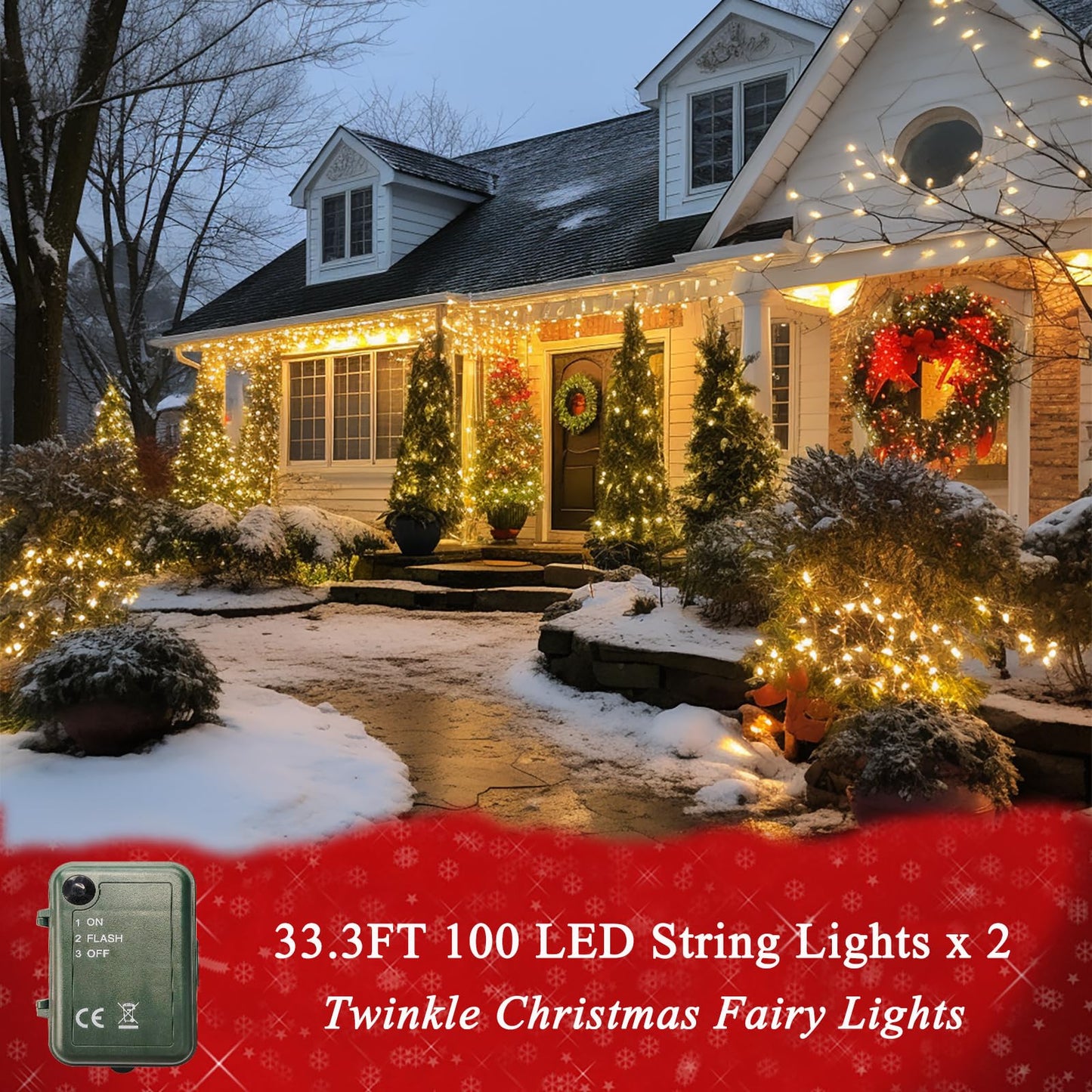 Cool White String Lights Battery Powered  2 Pack Total 66.6 Ft 200 Led Christmas String Lights Indoor Outdoor Decoration  Twinkle Fairy Light For Party Xmas Tree Decor