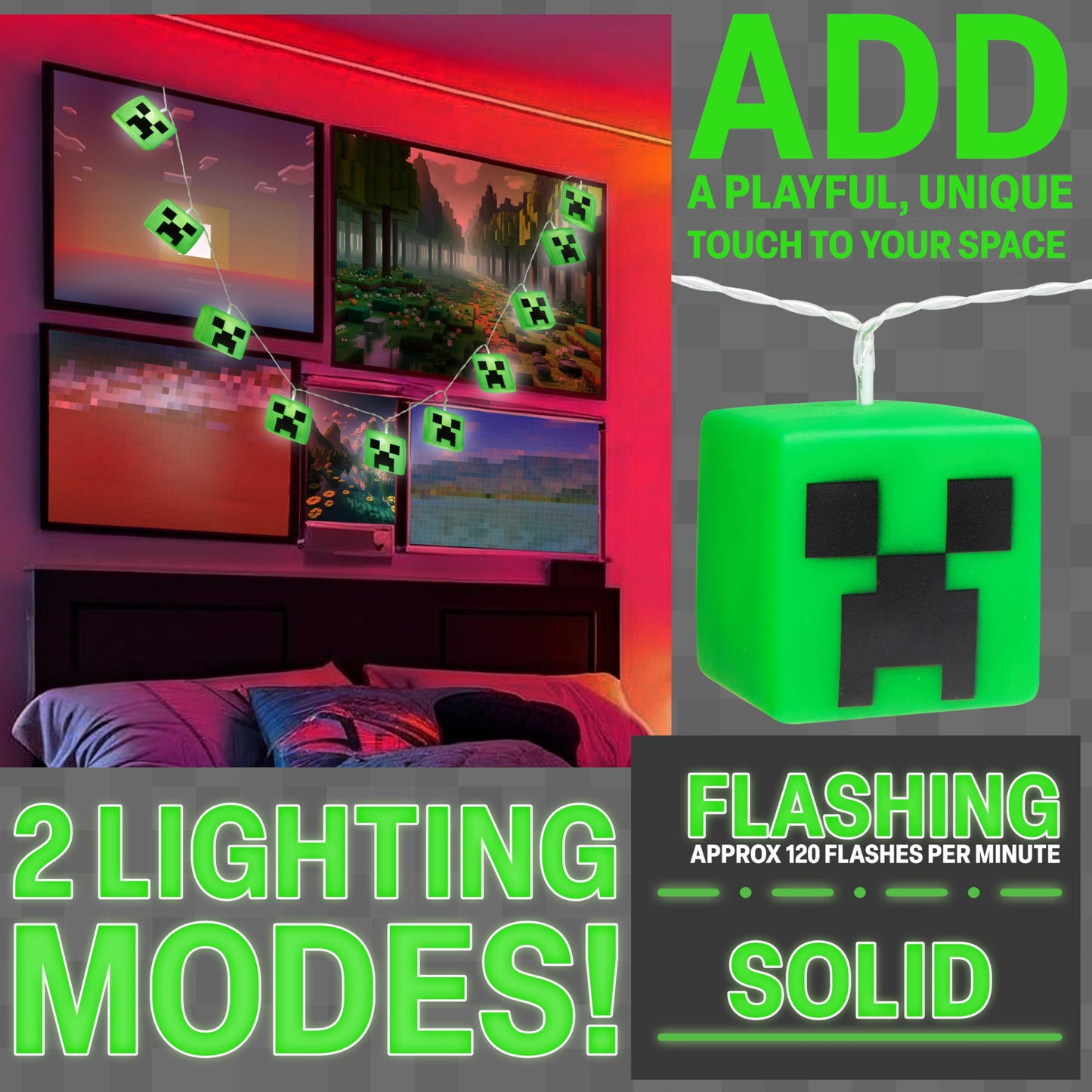 Minecraft String Led Lights For Bedroom Battery Operated Fairy Lights For Room Decor Wall Light Creeper Indoor Decoration Gamer Gifts For Kids