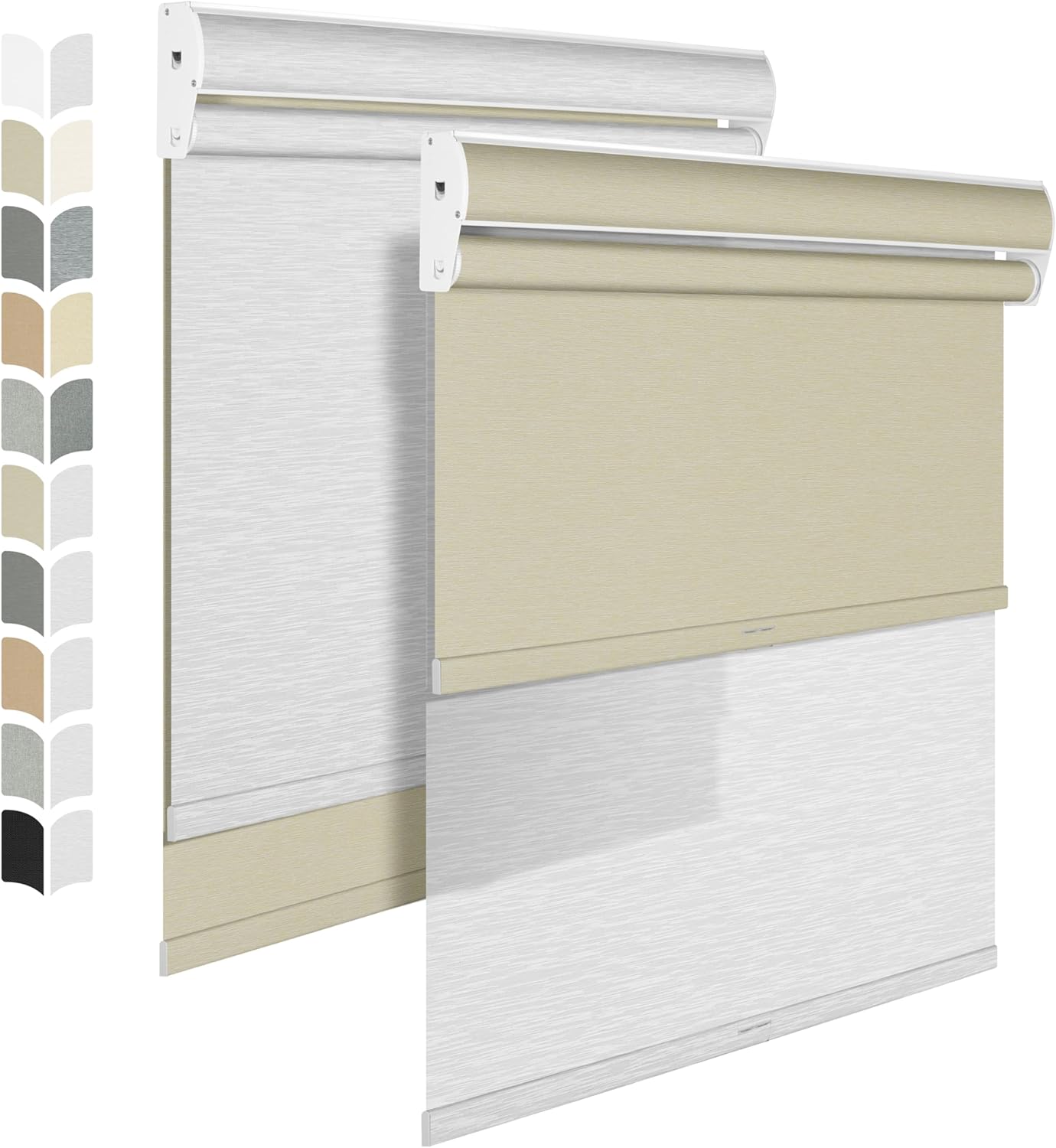 BERISSA Dual Roller Shades with Cassette Valance - Blackout and Light Filtering, Day and Night Shades for Home Office and Door - Beige and White - 27 W x 64" H