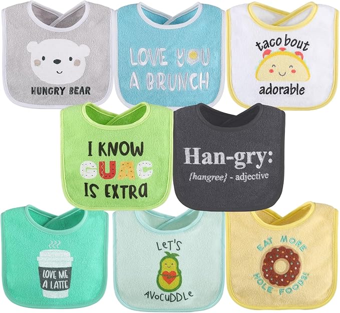 The Peanutshell Baby Boy or Girl Terry Bibs Set of 8-100% Cotton, Soft, Absorbent Baby Bibs, Unisex Toddler Boy or Girl Set, Newborn & Infant - Han-Gry