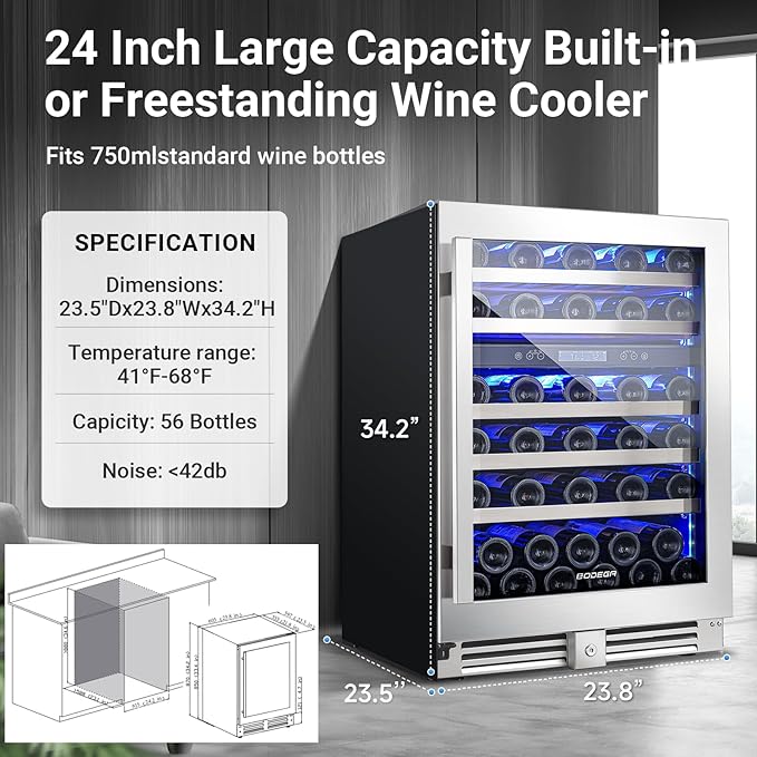 BODEGA 24 Inch Wine Cooler,56 Bottle Wine Refrigerator Dual Zone, Built-In and Freestanding Wine Fridge,with Quick and Silent Cooling System for Red, Rose and Sparkling Wines,Stylish Look
