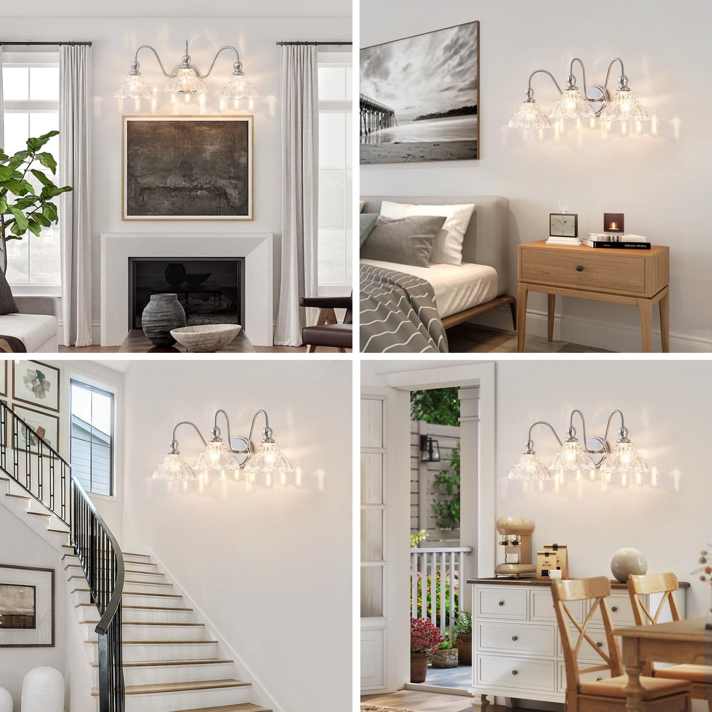 Brknit Vintage Bathroom Light Fixtures Over Mirror  3-Light Brushed Nickel Wall Sconce Lighting With Flower Glass Shade  Farmhouse Vanity Lights For Bedroom Kitchen Living Room Hallway Light