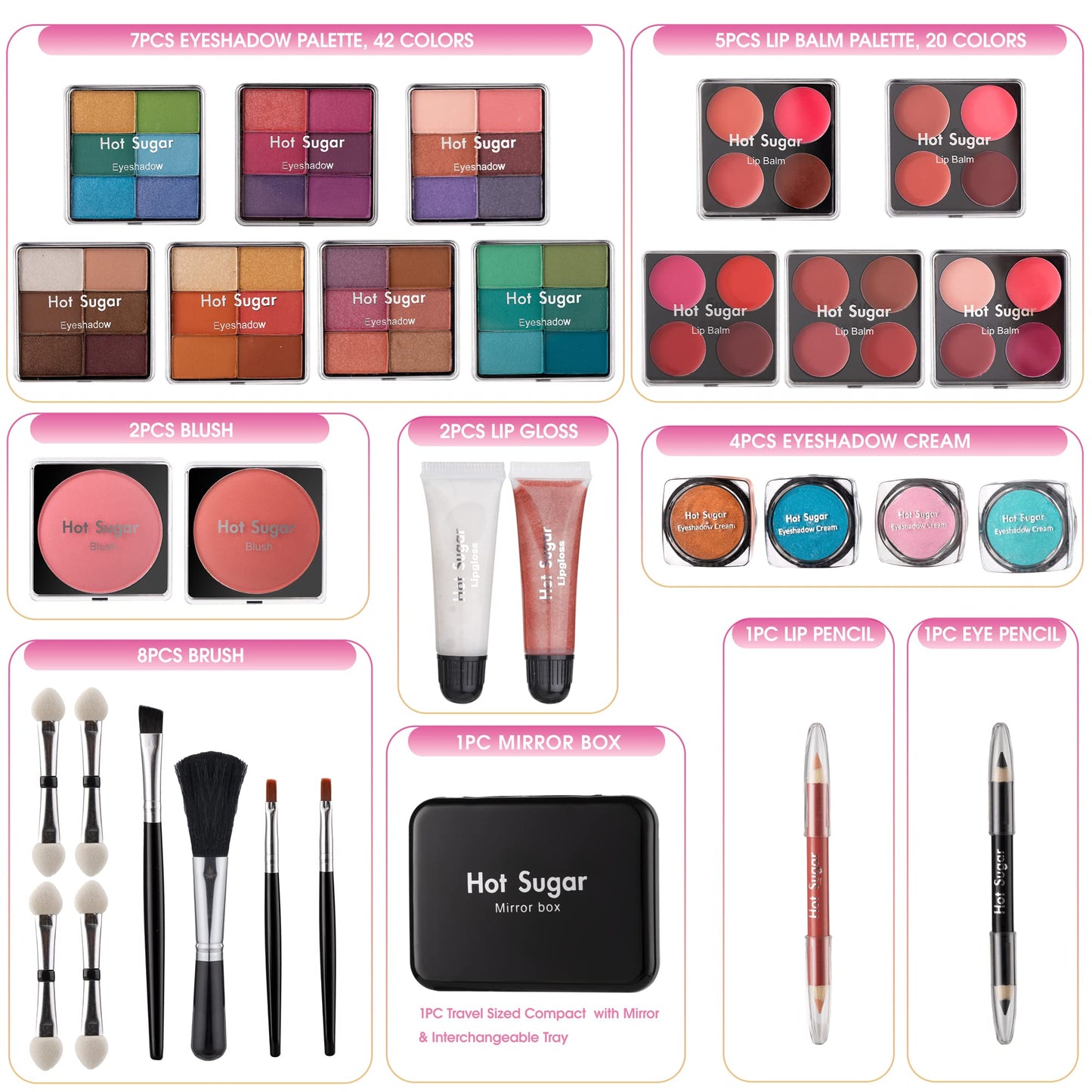 Hot Sugar Makeup Kit for Teenager Girls - Full Starter Cosmetics Set with Eye Shadow Lip Balm Blush Lip Gloss Brush Lip Pencil Eye Pencil and Mirror (Pink Love)
